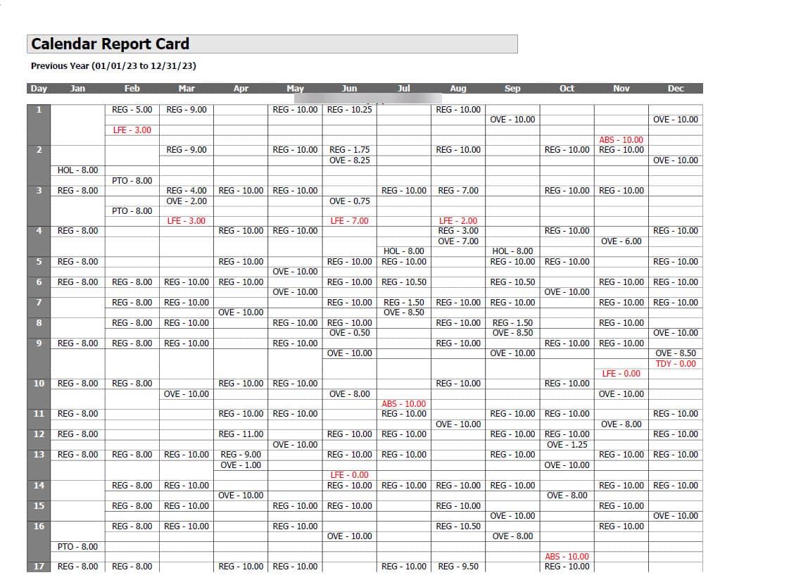 Calendar Report Card Combined Example