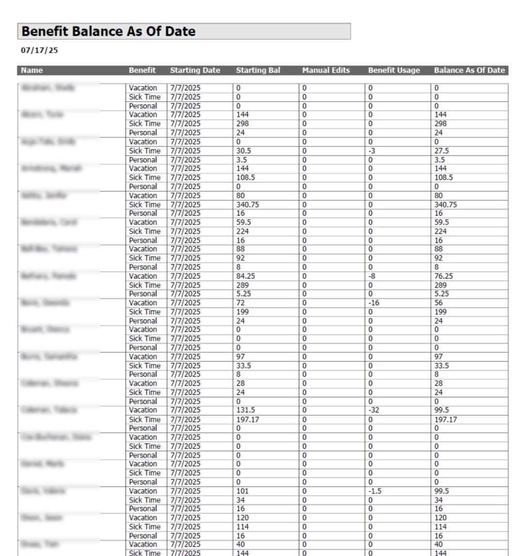 Benefit Balance As Of Date Report